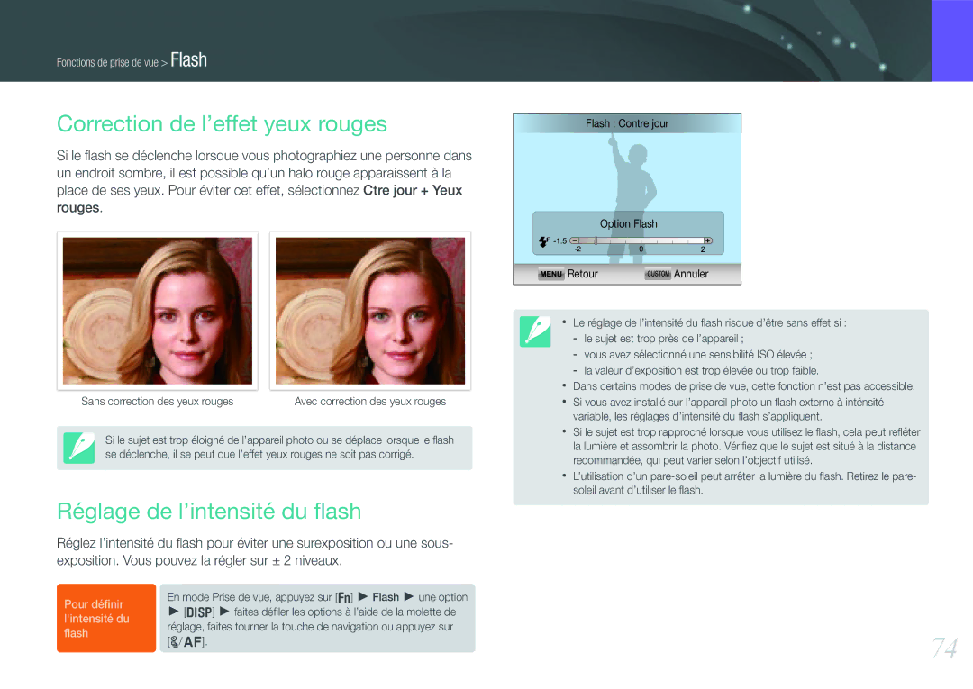 Samsung EV-NX200ZBABFR, EV-NX200ZBSBFR manual Correction de l’effet yeux rouges, Réglage de l’intensité du ﬂash 