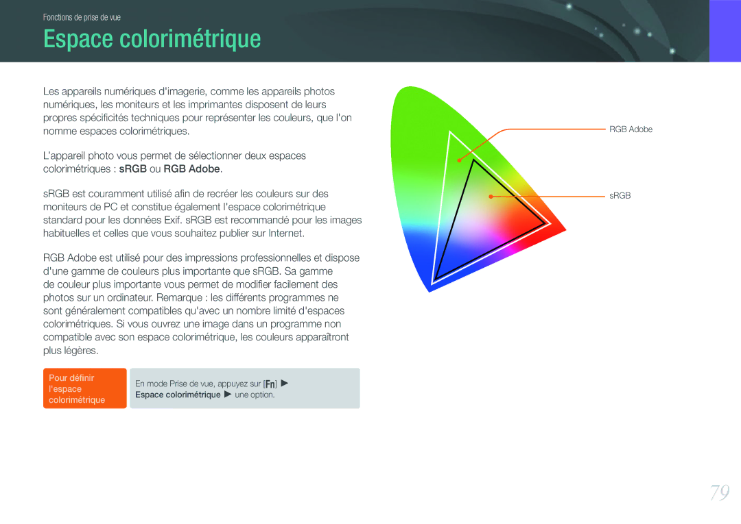 Samsung EV-NX200ZBSBFR, EV-NX200ZBABFR manual Espace colorimétrique 
