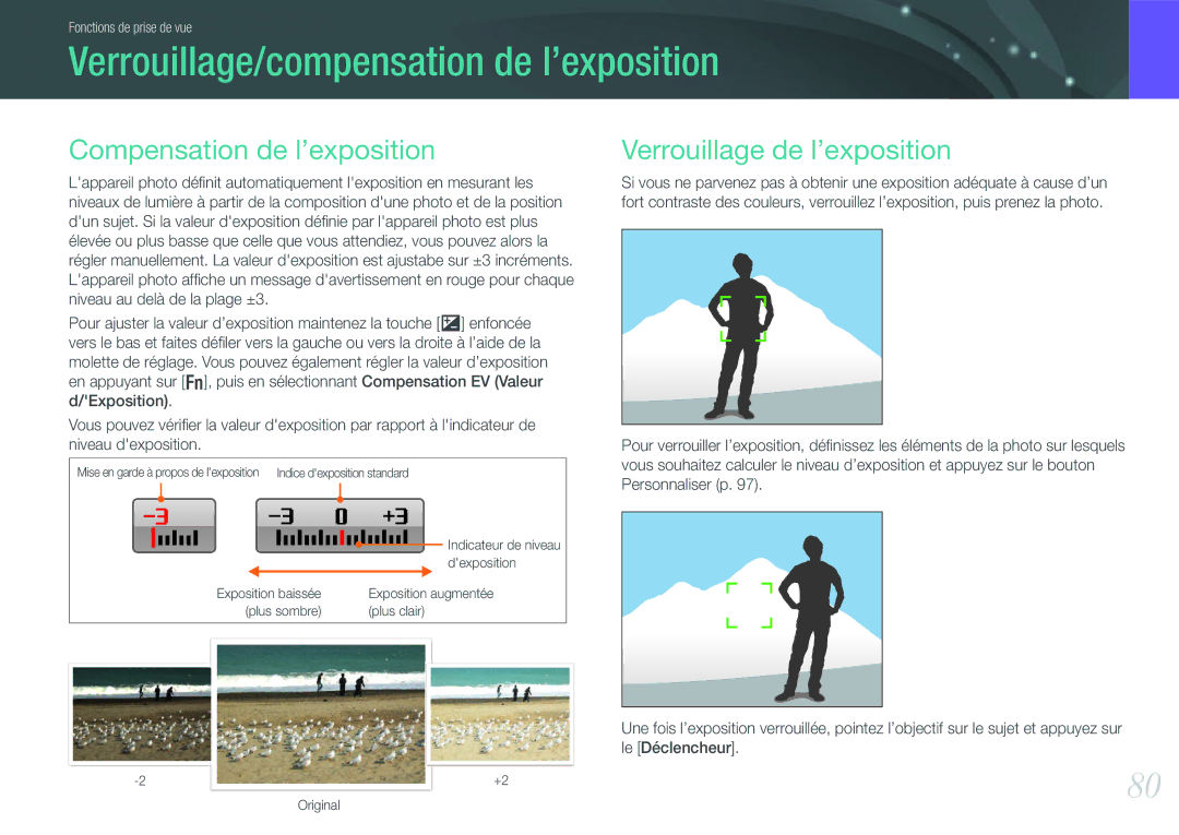 Samsung EV-NX200ZBABFR, EV-NX200ZBSBFR manual Verrouillage/compensation de l’exposition, Compensation de l’exposition 