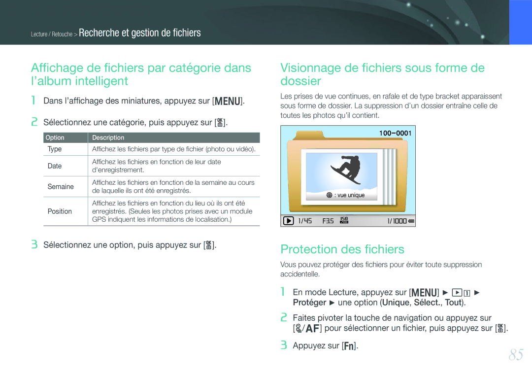 Samsung EV-NX200ZBSBFR, EV-NX200ZBABFR Afﬁchage de ﬁchiers par catégorie dans l’album intelligent, Protection des ﬁchiers 