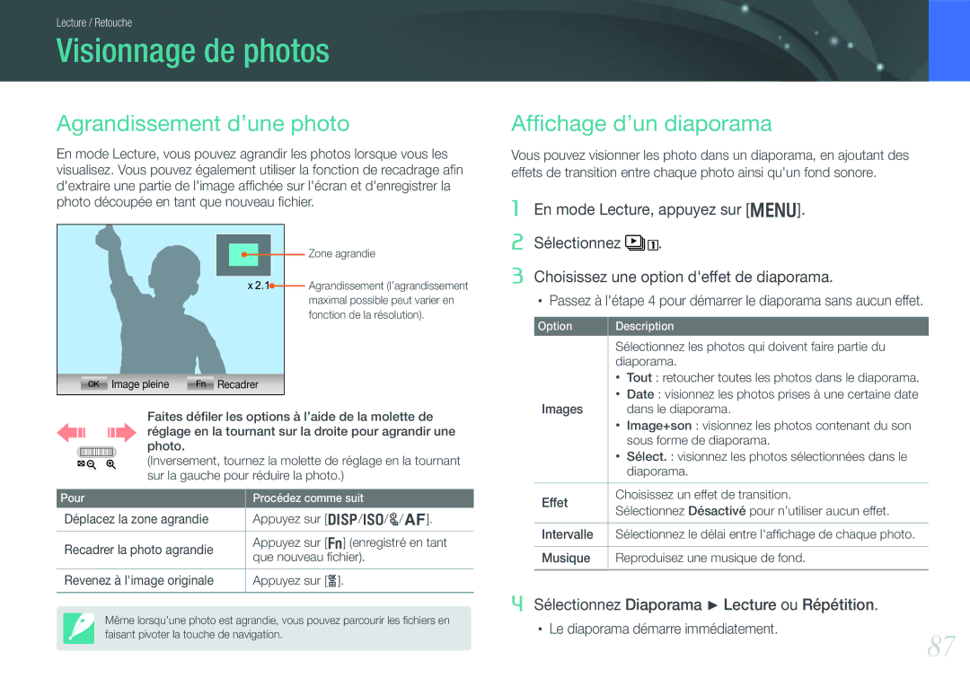 Samsung EV-NX200ZBSBFR, EV-NX200ZBABFR manual Visionnage de photos, Agrandissement d’une photo, Afﬁchage d’un diaporama 