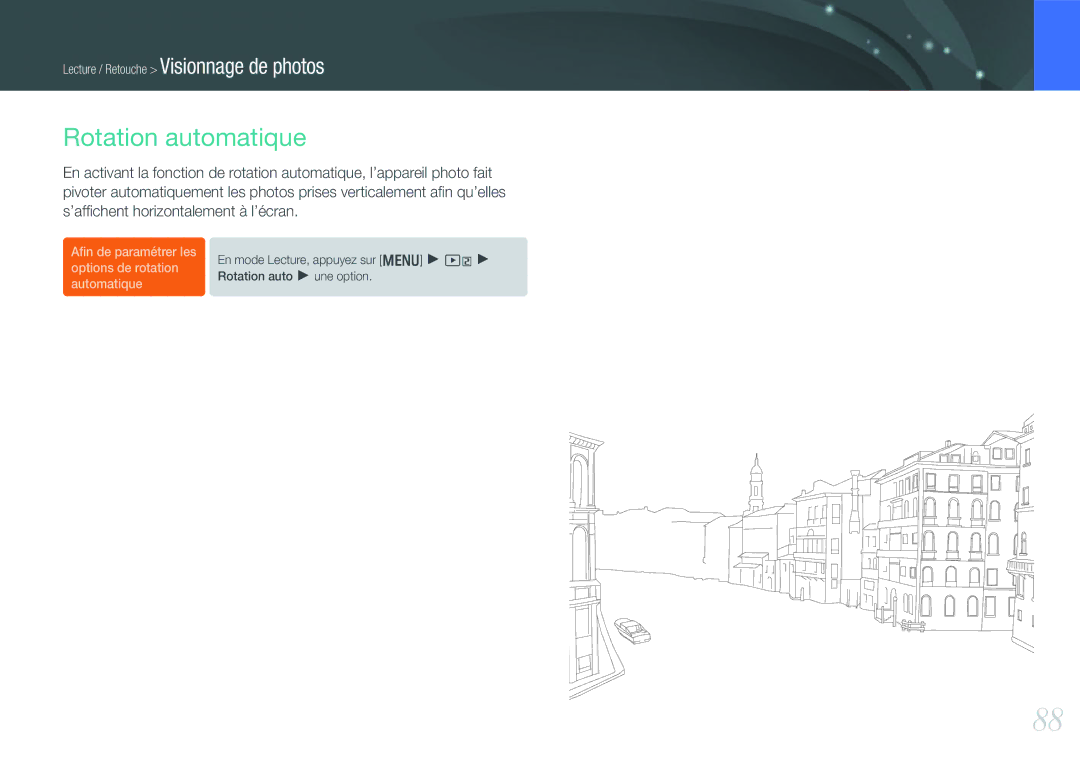 Samsung EV-NX200ZBABFR, EV-NX200ZBSBFR manual Rotation automatique 