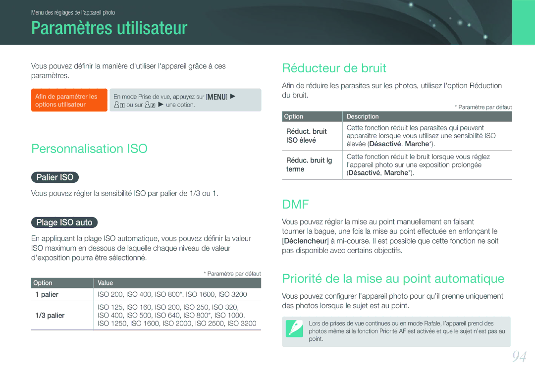 Samsung EV-NX200ZBABFR, EV-NX200ZBSBFR manual Paramètres utilisateur, Personnalisation ISO, Réducteur de bruit 