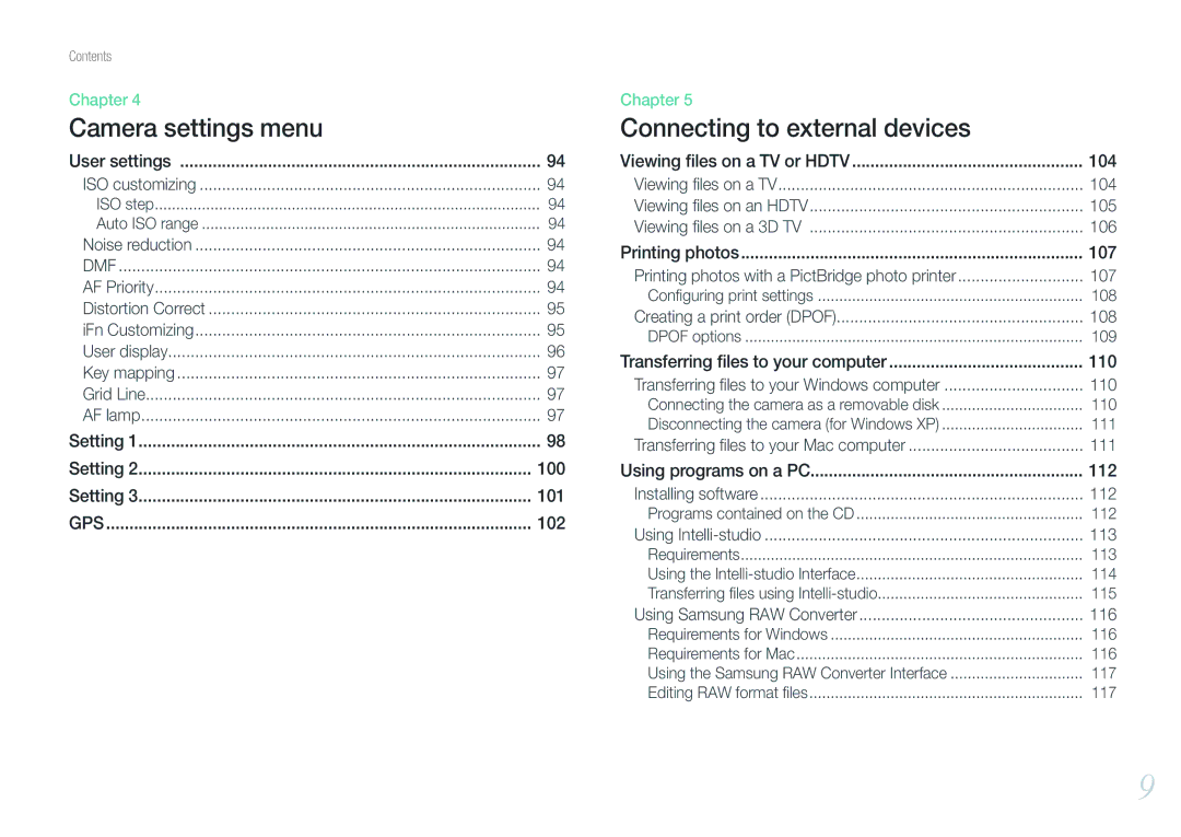 Samsung EV-NX200ZAST, EV-NX200ZBSBFR, EV-NX200ZBABPL, EV-NX200ZBSBDE manual 104, 105, 106, 107, 108, 110, 111, 112, 113, 116 