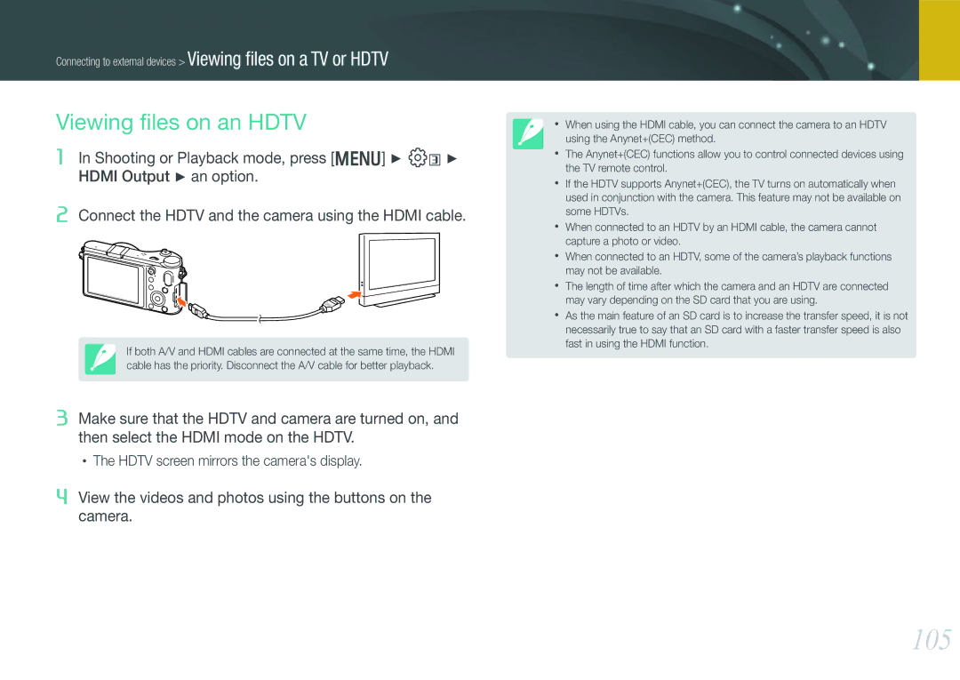 Samsung EV-NX200ZBABIT, EV-NX200ZBSBFR, EV-NX200ZBABPL, EV-NX200ZBSBDE, EV-NX200ZBSTDE manual 105, Viewing ﬁles on an Hdtv 