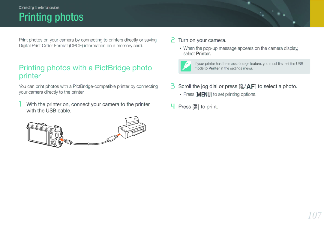 Samsung EV-NX200ZDABME, EV-NX200ZBSBFR, EV-NX200ZBABPL manual 107, Printing photos with a PictBridge photo printer 