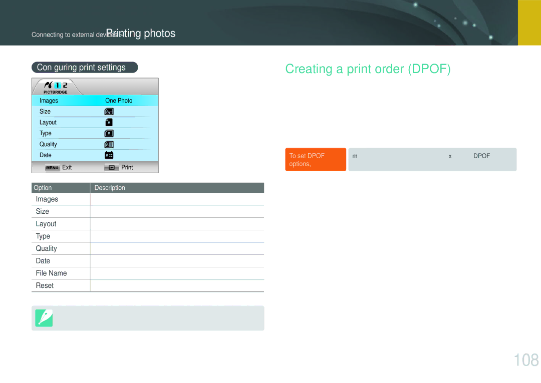 Samsung EV-NX200ZAAB, EV-NX200ZBSBFR, EV-NX200ZBABPL 108, Creating a print order Dpof, Conﬁguring print settings, Images 