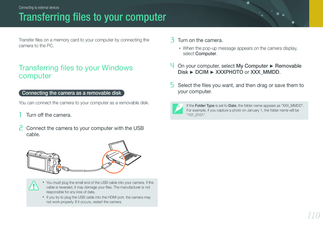 Samsung EV-NX200ZBABIL, EV-NX200ZBSBFR Transferring ﬁles to your computer, 110, Transferring ﬁles to your Windows computer 