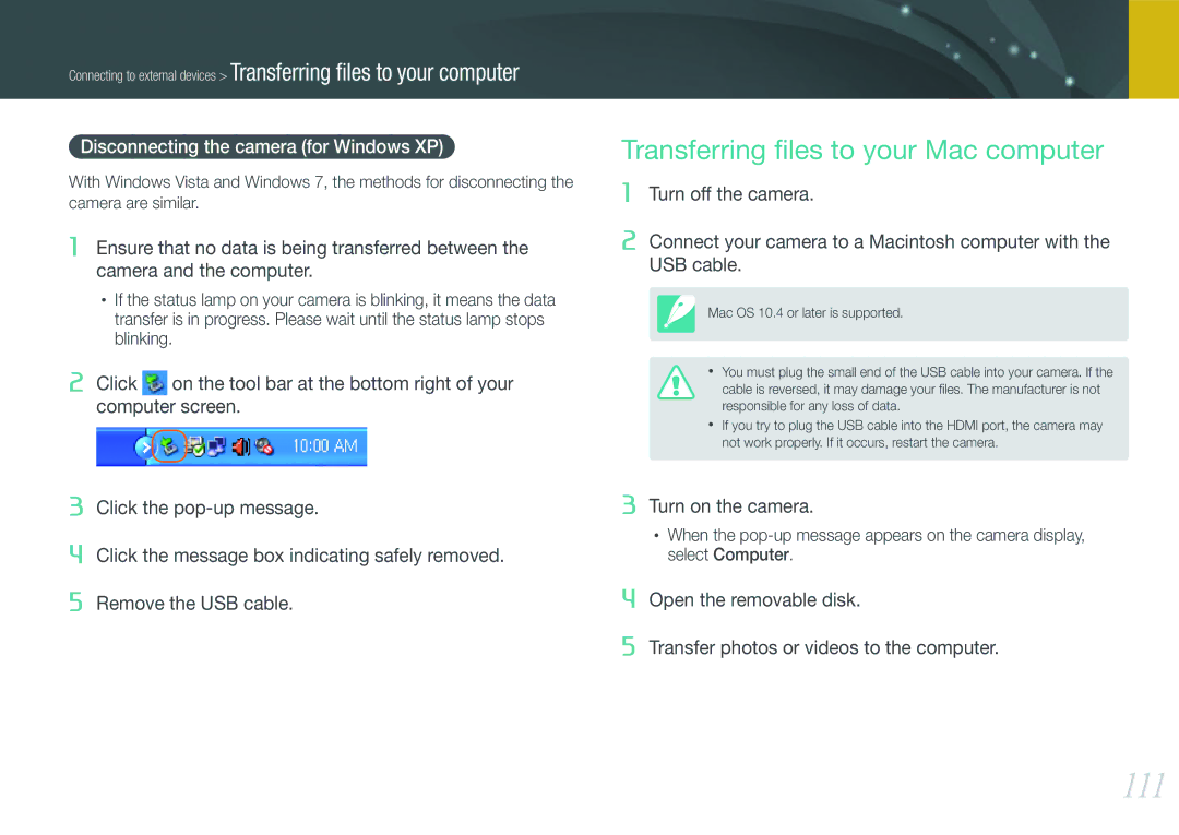 Samsung EV-NX200ZBSBTW, EV-NX200ZAAB 111, Transferring ﬁles to your Mac computer, Disconnecting the camera for Windows XP 