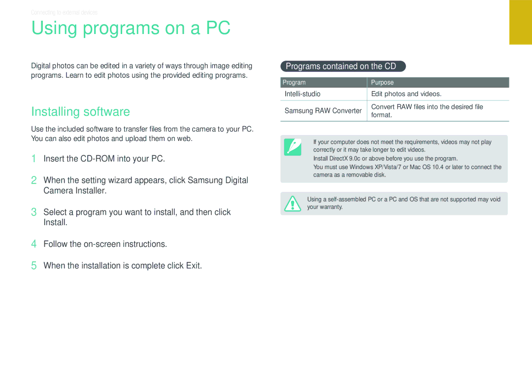 Samsung EV-NX200ZBABVN, EV-NX200ZBSBFR manual Using programs on a PC, 112, Installing software, Programs contained on the CD 