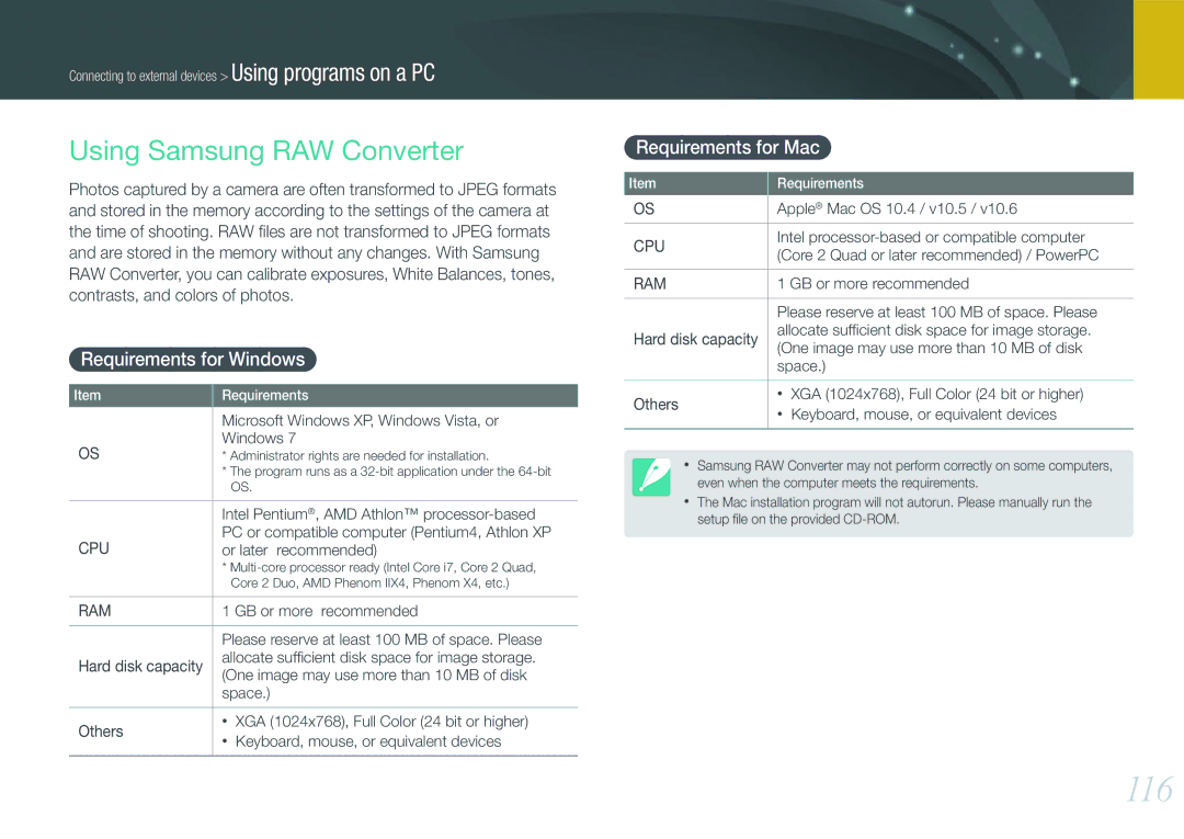 Samsung EV-NX200ZBSBDK, EV-NX200ZBSBFR 116, Using Samsung RAW Converter, Requirements for Windows, Requirements for Mac 