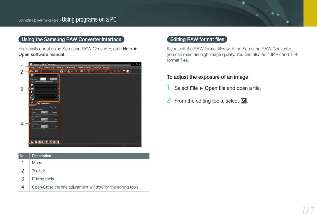 Samsung EV-NX200ZBABEE, EV-NX200ZBSBFR 117, To adjust the exposure of an image, Using the Samsung RAW Converter Interface 