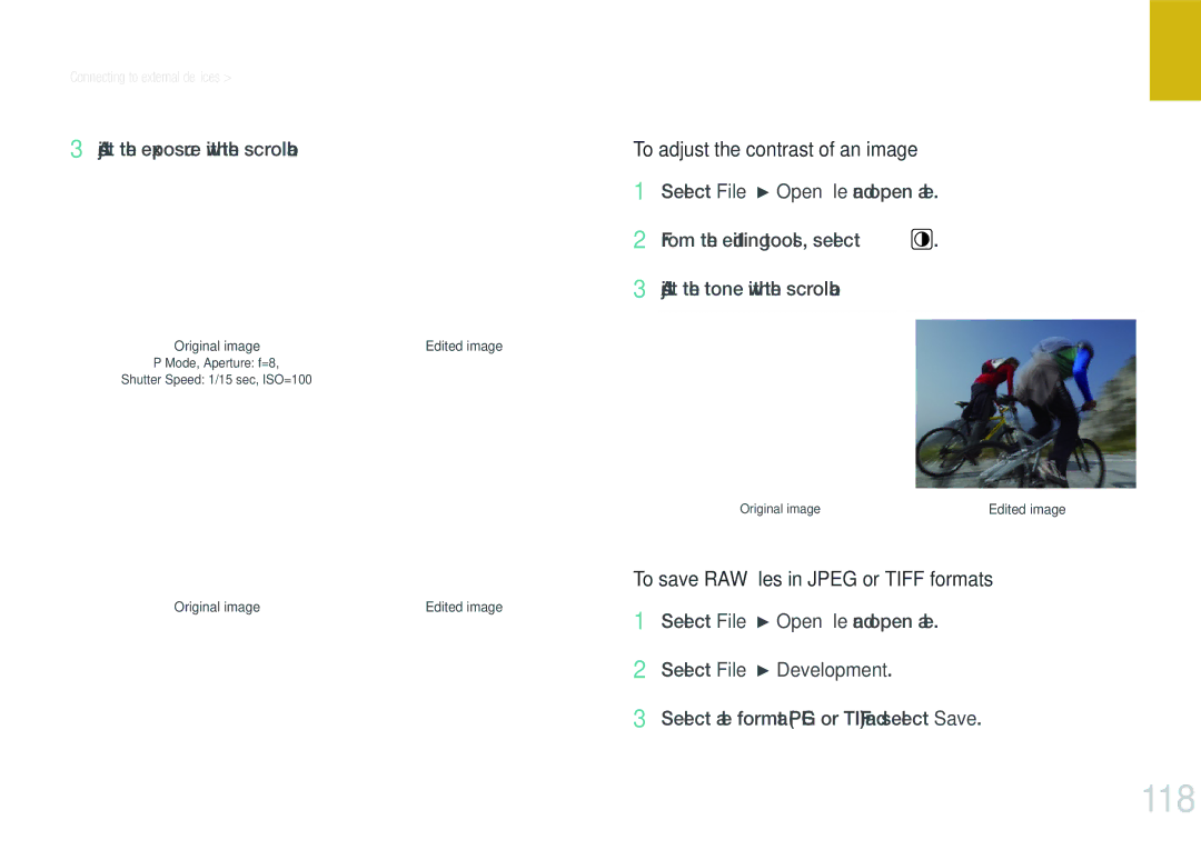 Samsung EV-NX200ZBEBRU, EV-NX200ZBSBFR, EV-NX200ZBABPL, EV-NX200ZBSBDE manual 118, To save RAW ﬁles in Jpeg or Tiff formats 