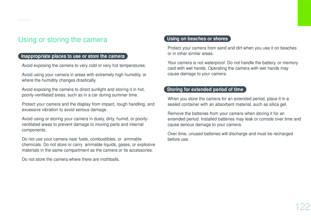 Samsung EV-NX200ZBABSE, EV-NX200ZBSBFR 122, Using or storing the camera, Inappropriate places to use or store the camera 