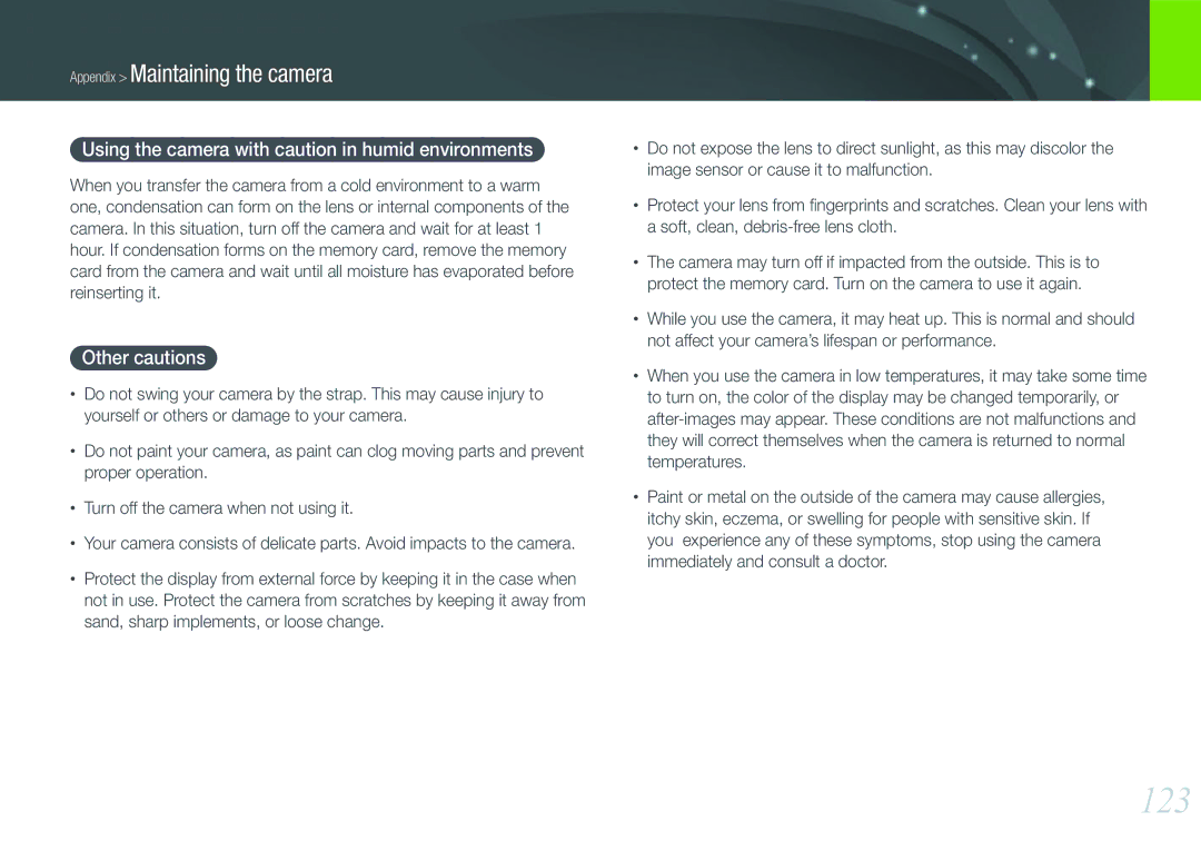 Samsung EV-NX200ZBABHU, EV-NX200ZBSBFR manual 123, Using the camera with caution in humid environments, Other cautions 