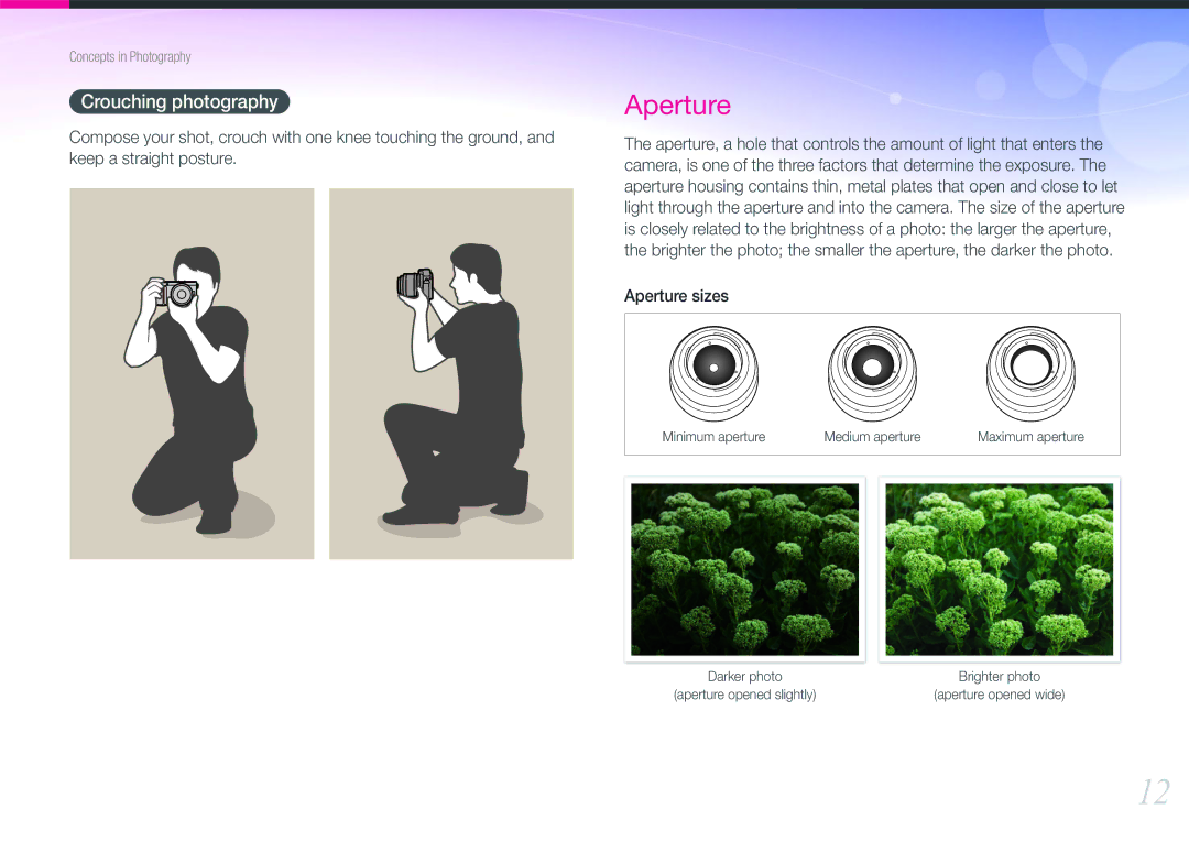 Samsung EV-NX200ZBABVN, EV-NX200ZBSBFR, EV-NX200ZBABPL, EV-NX200ZBSBDE, EV-NX200ZBSTDE manual Aperture, Crouching photography 