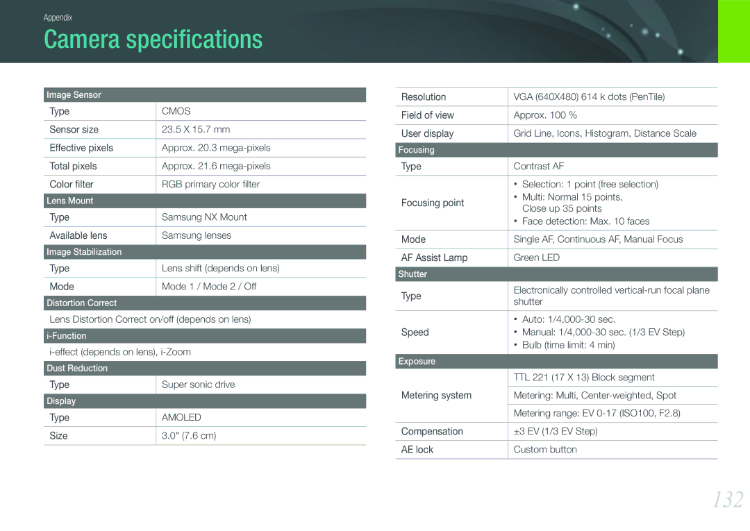 Samsung EV-NX200ZDABME, EV-NX200ZBSBFR, EV-NX200ZBABPL, EV-NX200ZBSBDE, EV-NX200ZBSTDE, EV-NX200ZAAB Camera speciﬁcations, 132 