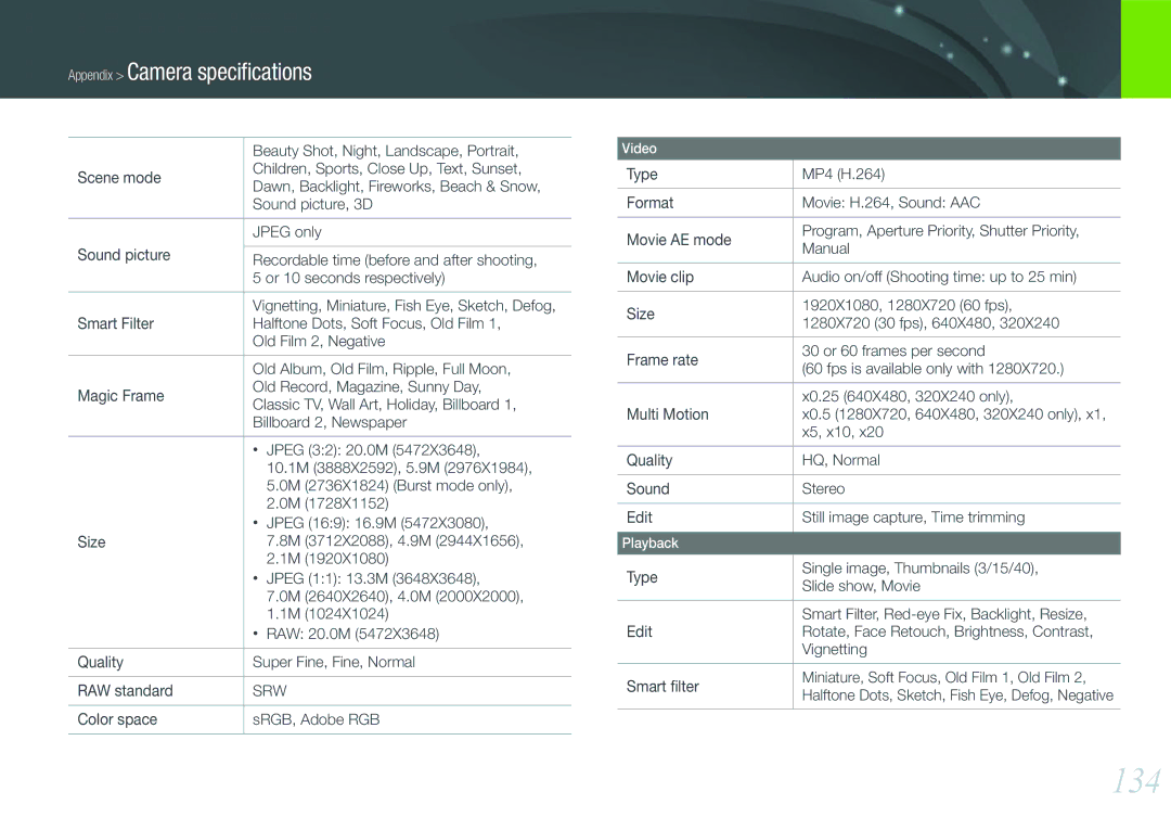 Samsung EV-NX200ZAST, EV-NX200ZBSBFR, EV-NX200ZBABPL, EV-NX200ZBSBDE, EV-NX200ZBSTDE, EV-NX200ZBABFR, EV-NX200ZBSBIT manual 134 