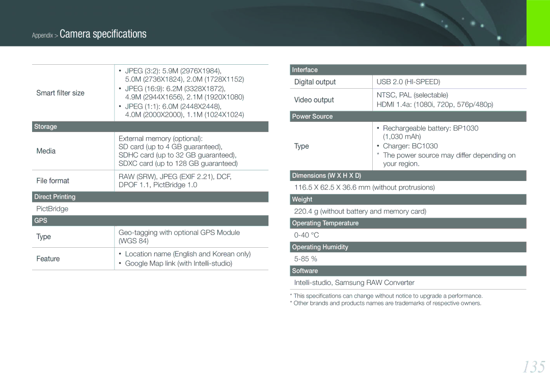 Samsung EV-NX200ZBABIL, EV-NX200ZBSBFR, EV-NX200ZBABPL, EV-NX200ZBSBDE, EV-NX200ZBSTDE, EV-NX200ZBABFR, EV-NX200ZBSBIT manual 135 