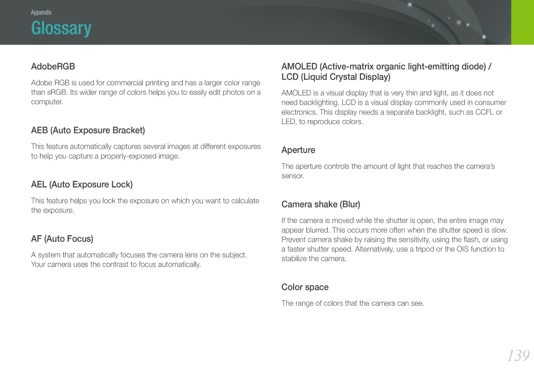 Samsung EV-NX200ZBSBCZ, EV-NX200ZBSBFR, EV-NX200ZBABPL, EV-NX200ZBSBDE, EV-NX200ZBSTDE, EV-NX200ZBABFR manual Glossary, 139 