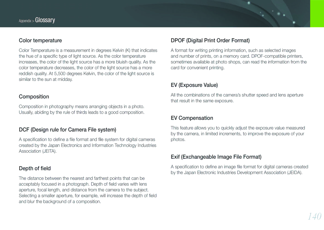 Samsung EV-NX200ZBSBSE, EV-NX200ZBSBFR, EV-NX200ZBABPL, EV-NX200ZBSBDE, EV-NX200ZBSTDE, EV-NX200ZBABFR, EV-NX200ZBSBIT manual 140 