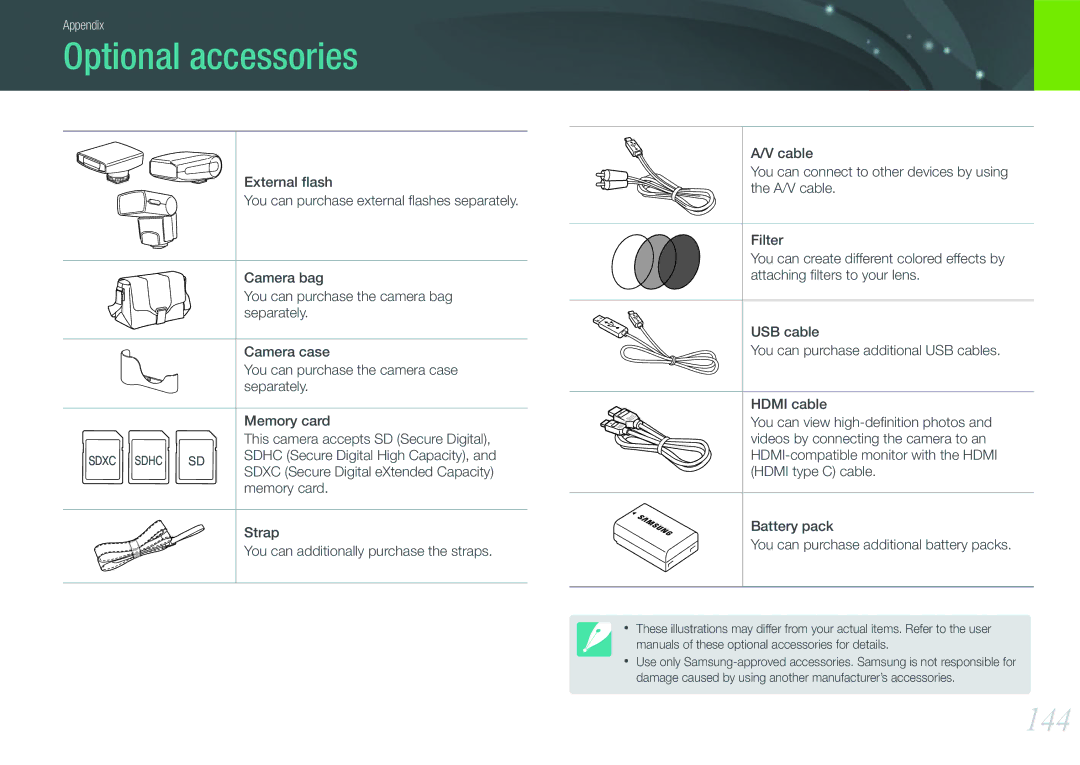 Samsung EV-NX200ZBSBRU, EV-NX200ZBSBFR, EV-NX200ZBABPL, EV-NX200ZBSBDE, EV-NX200ZBSTDE, EV-NX200ZAAB Optional accessories, 144 