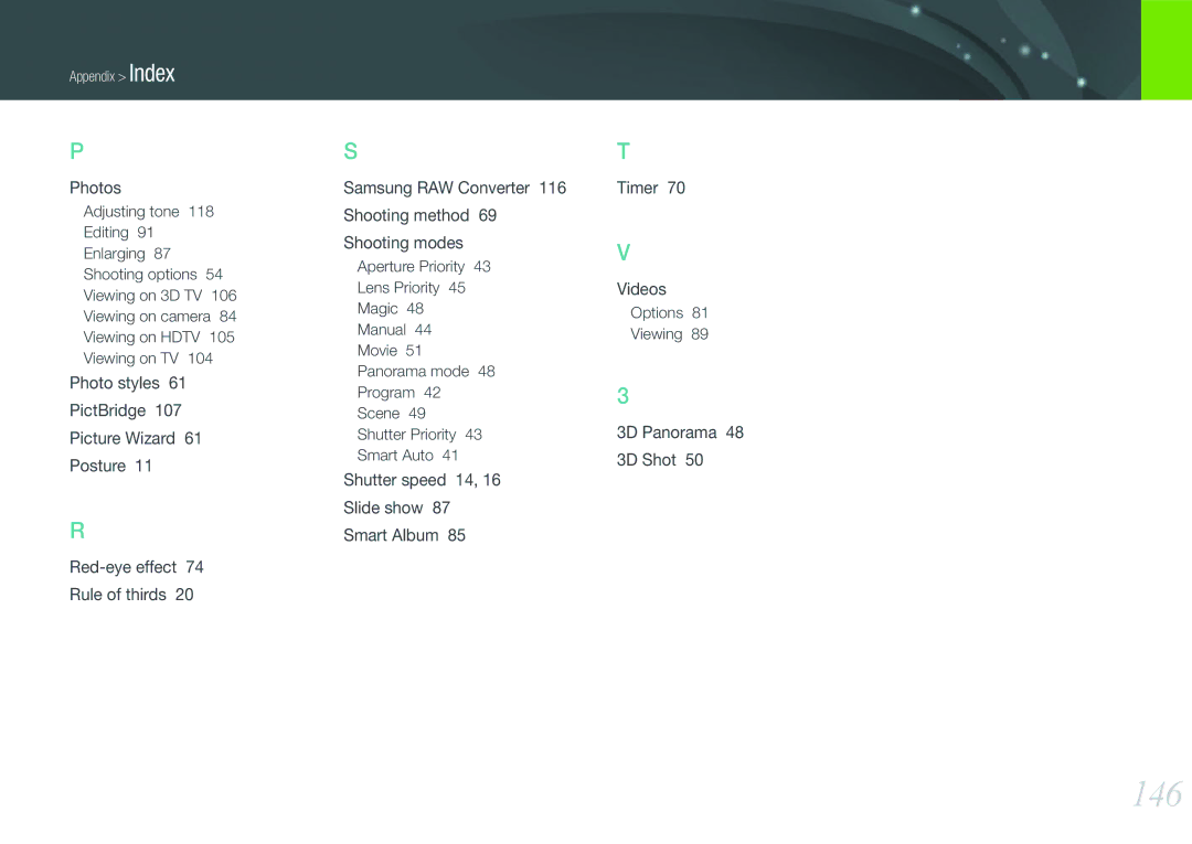 Samsung EV-NX200ZBABCH manual 146, Photos, Shutter speed 14 Slide show Smart Album Timer Videos, 3D Panorama 3D Shot 