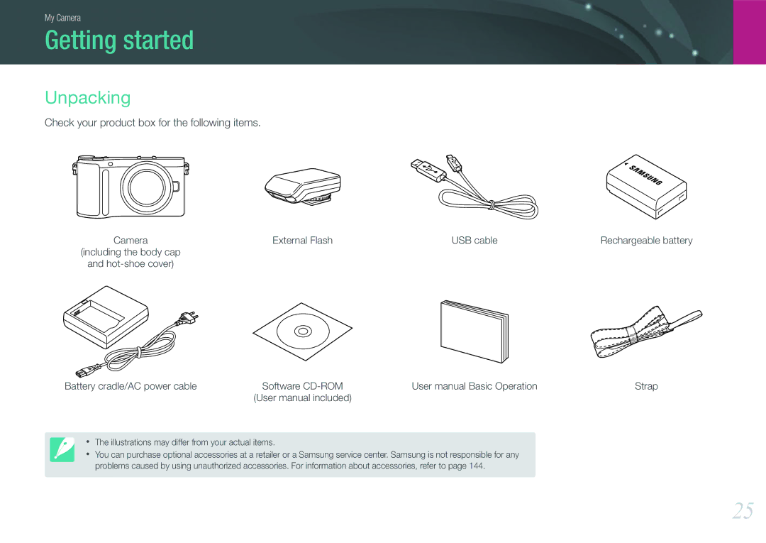 Samsung EV-NX200ZBABPL, EV-NX200ZBSBFR manual Getting started, Unpacking, Check your product box for the following items 