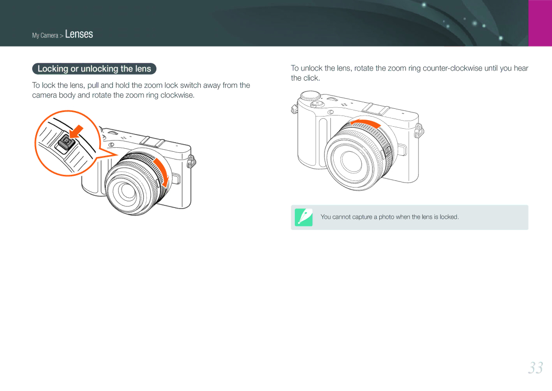 Samsung EV-NX200ZAAB, EV-NX200ZBSBFR, EV-NX200ZBABPL, EV-NX200ZBSBDE, EV-NX200ZBSTDE manual Locking or unlocking the lens 