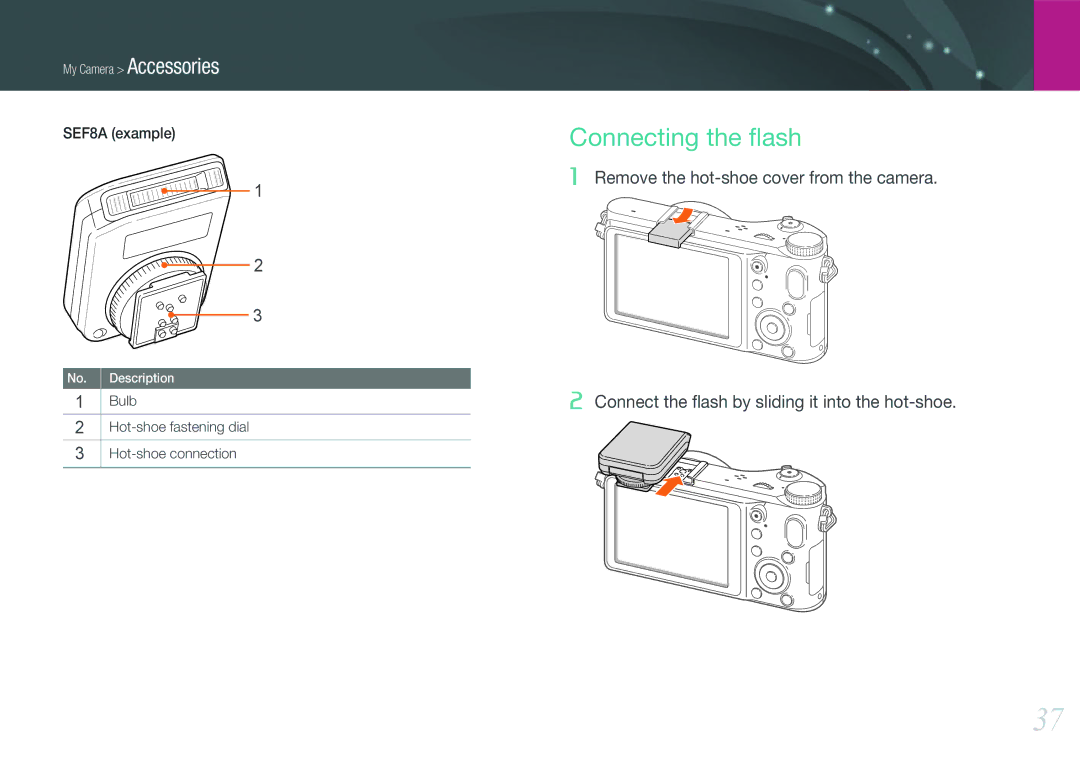 Samsung EV-NX200ZBABVN, EV-NX200ZBSBFR, EV-NX200ZBABPL, EV-NX200ZBSBDE, EV-NX200ZBSTDE Connecting the ﬂash, SEF8A example 