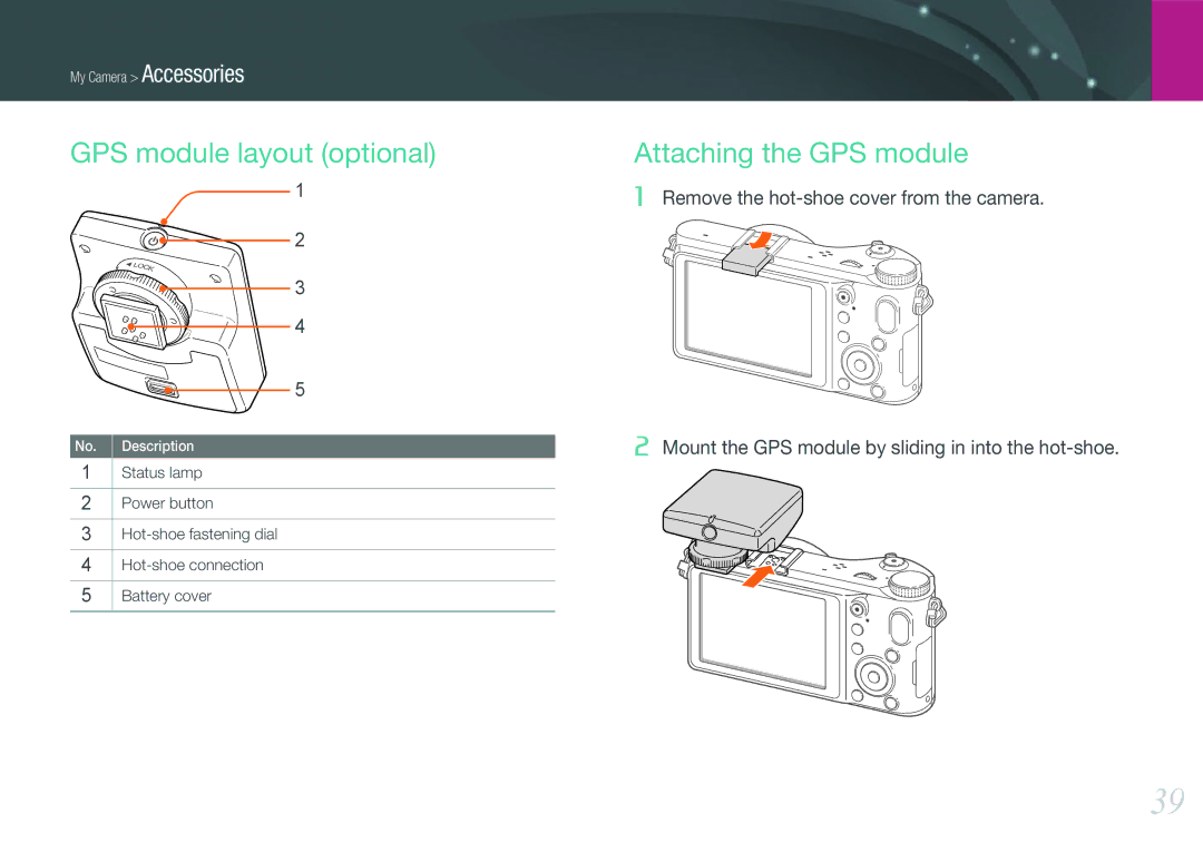 Samsung EV-NX200ZBSBCZ, EV-NX200ZBSBFR, EV-NX200ZBABPL, EV-NX200ZBSBDE GPS module layout optional, Attaching the GPS module 