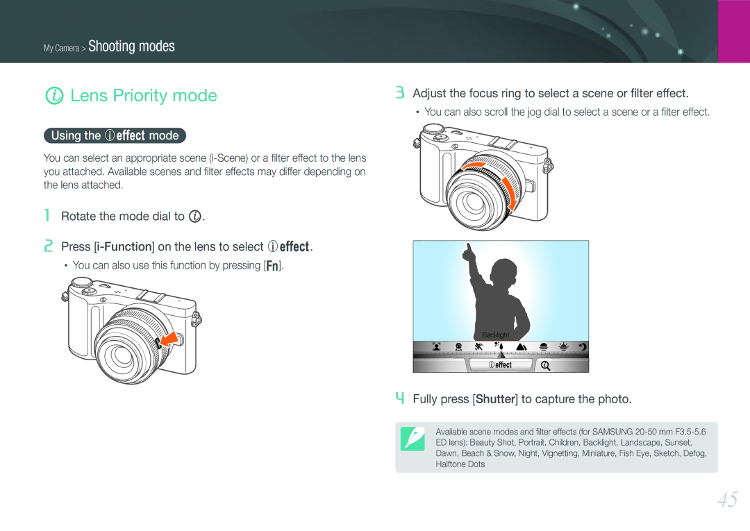 Samsung EV-NX200ZBABRU, EV-NX200ZBSBFR, EV-NX200ZBABPL, EV-NX200ZBSBDE, EV-NX200ZBSTDE Lens Priority mode, Using the E mode 