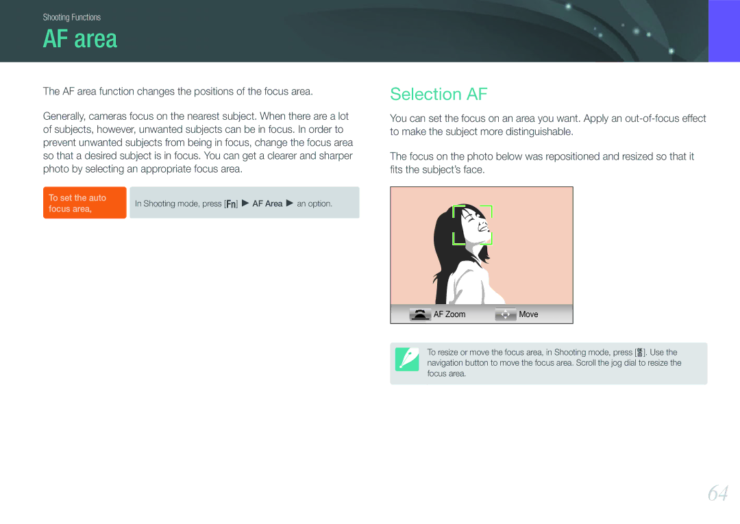 Samsung EV-NX200ZBSBCZ, EV-NX200ZBSBFR manual Selection AF, AF area function changes the positions of the focus area 