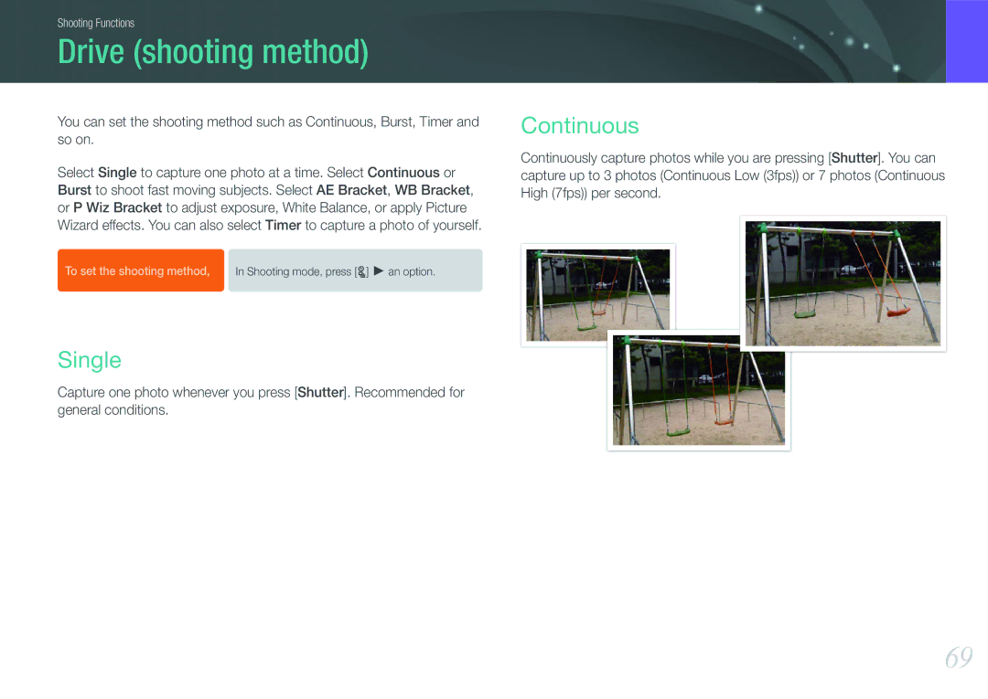 Samsung EV-NX200ZBSBRU, EV-NX200ZBSBFR, EV-NX200ZBABPL, EV-NX200ZBSBDE manual Drive shooting method, Single, Continuous 