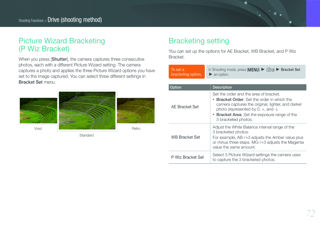 Samsung EV-NX200ZBABSE Picture Wizard Bracketing Wiz Bracket, Bracketing setting, Value the same amount Wiz Bracket Set 