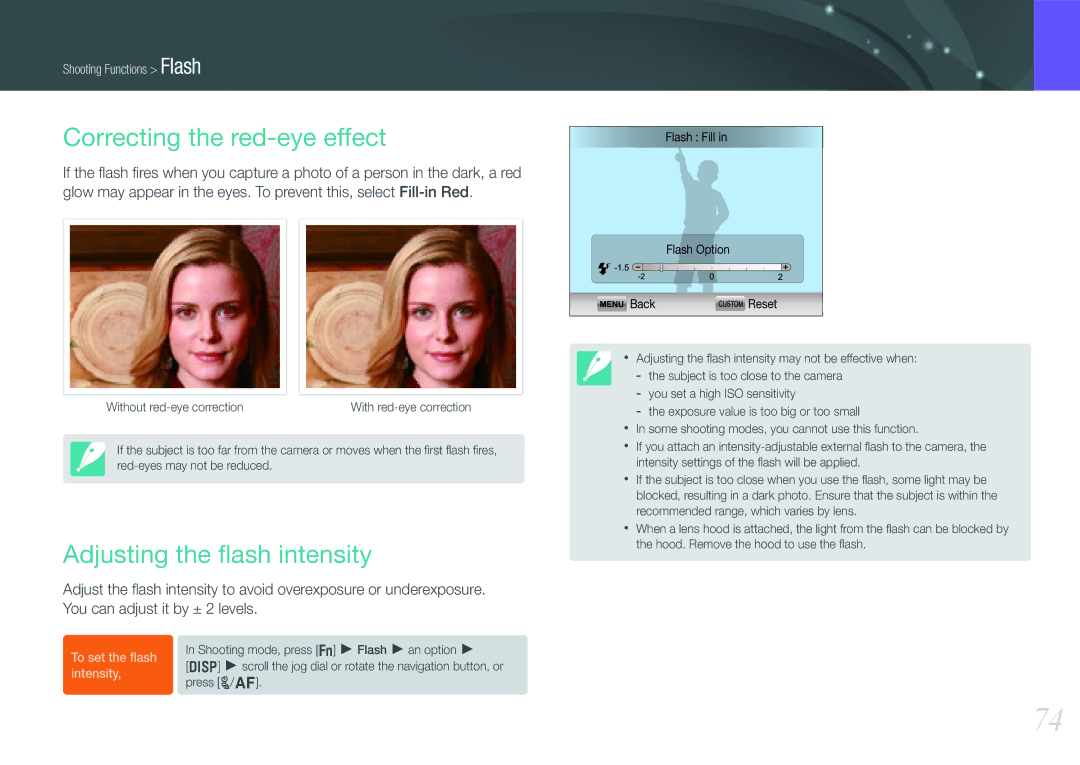 Samsung EV-NX200ZBSBFR, EV-NX200ZBABPL, EV-NX200ZBSBDE manual Correcting the red-eye effect, Adjusting the ﬂash intensity 