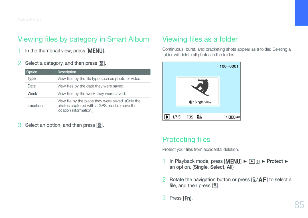 Samsung EV-NX200ZBABIL, EV-NX200ZBSBFR Viewing ﬁles by category in Smart Album, Viewing ﬁles as a folder, Protecting ﬁles 