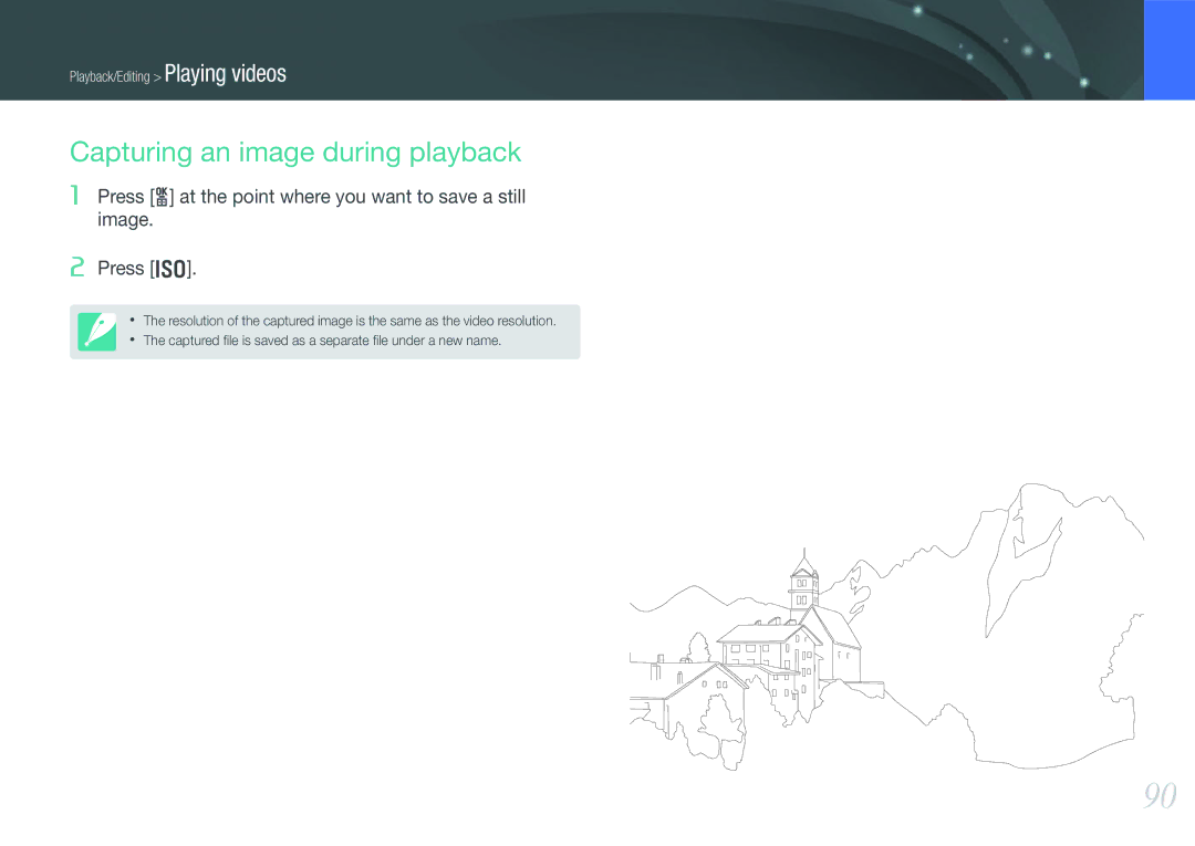 Samsung EV-NX200ZBSBSE manual Capturing an image during playback, Press o at the point where you want to save a still image 