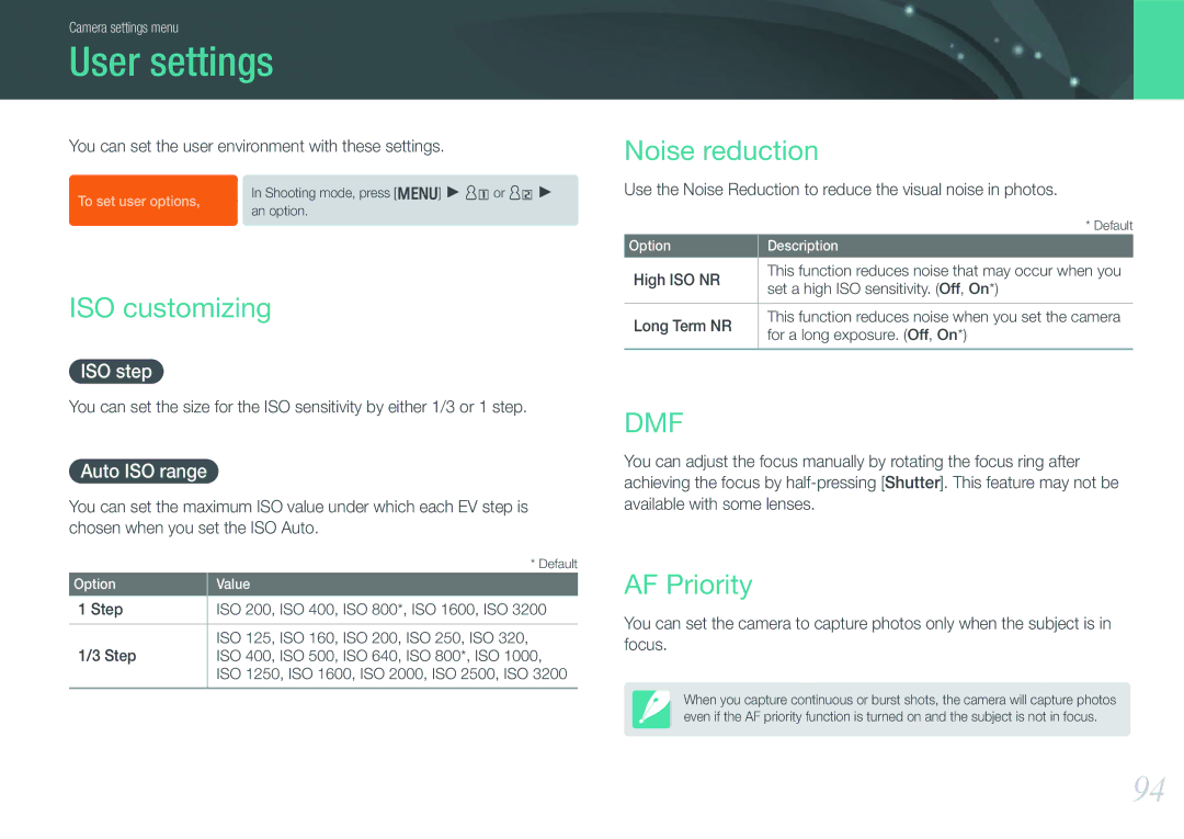 Samsung EV-NX200ZBSBRU, EV-NX200ZBSBFR, EV-NX200ZBABPL manual User settings, ISO customizing, Noise reduction, AF Priority 
