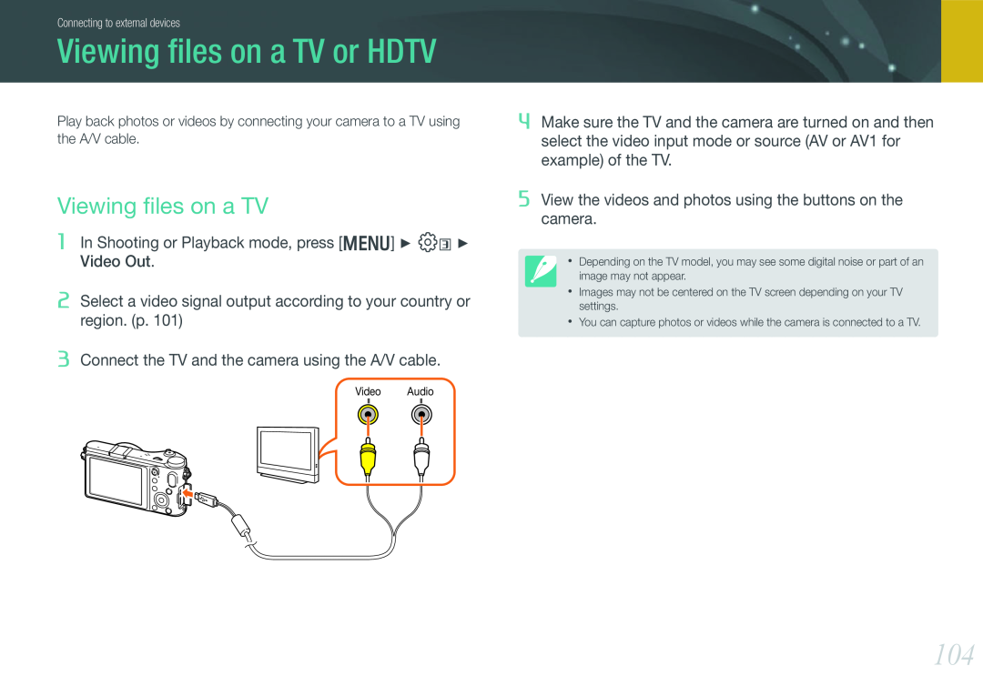 Samsung EV-NX200ZBSBIT, EV-NX200ZBSBFR Viewing ﬁles on a TV or HDTV, In Shooting or Playback mode, press m e Video Out 