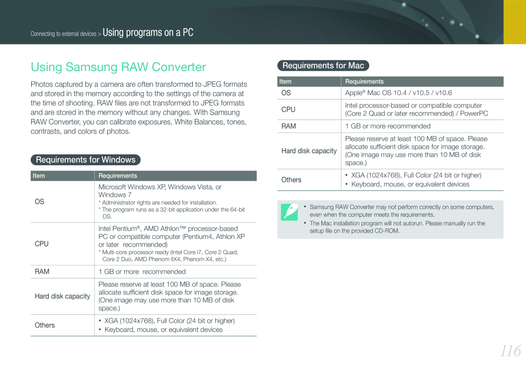 Samsung EV-NX200ZBSBDK, EV-NX200ZBSBFR manual Using Samsung RAW Converter, Requirements for Windows, Requirements for Mac 