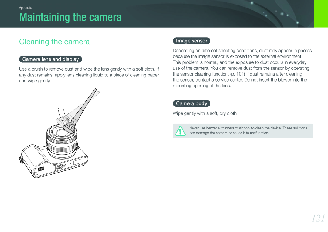 Samsung EV-NX200ZBABCH Maintaining the camera, Cleaning the camera, Camera lens and display, Image sensor, Camera body 