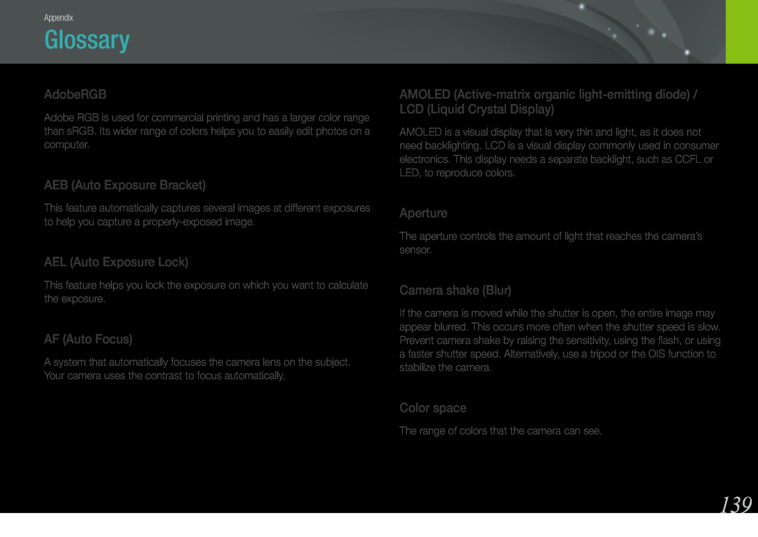 Samsung EV-NX200ZBSBCZ Glossary, AdobeRGB, AEB Auto Exposure Bracket, AEL Auto Exposure Lock, AF Auto Focus, Aperture 