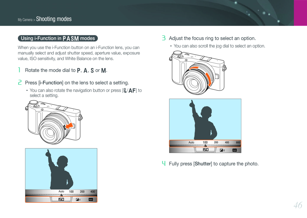 Samsung EV-NX200ZBABCH My Camera Shooting modes, Using i-Function in PASM modes, Rotate the mode dial to P, A, S or M 