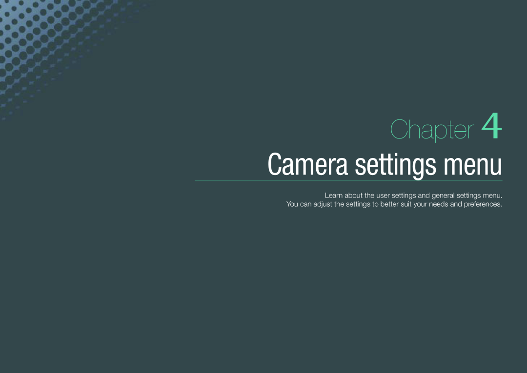 Samsung EV-NX200ZBEBRU, EV-NX200ZBSBFR, EV-NX200ZBABPL, EV-NX200ZBSBDE, EV-NX200ZBSTDE manual Chapter, Camera settings menu 