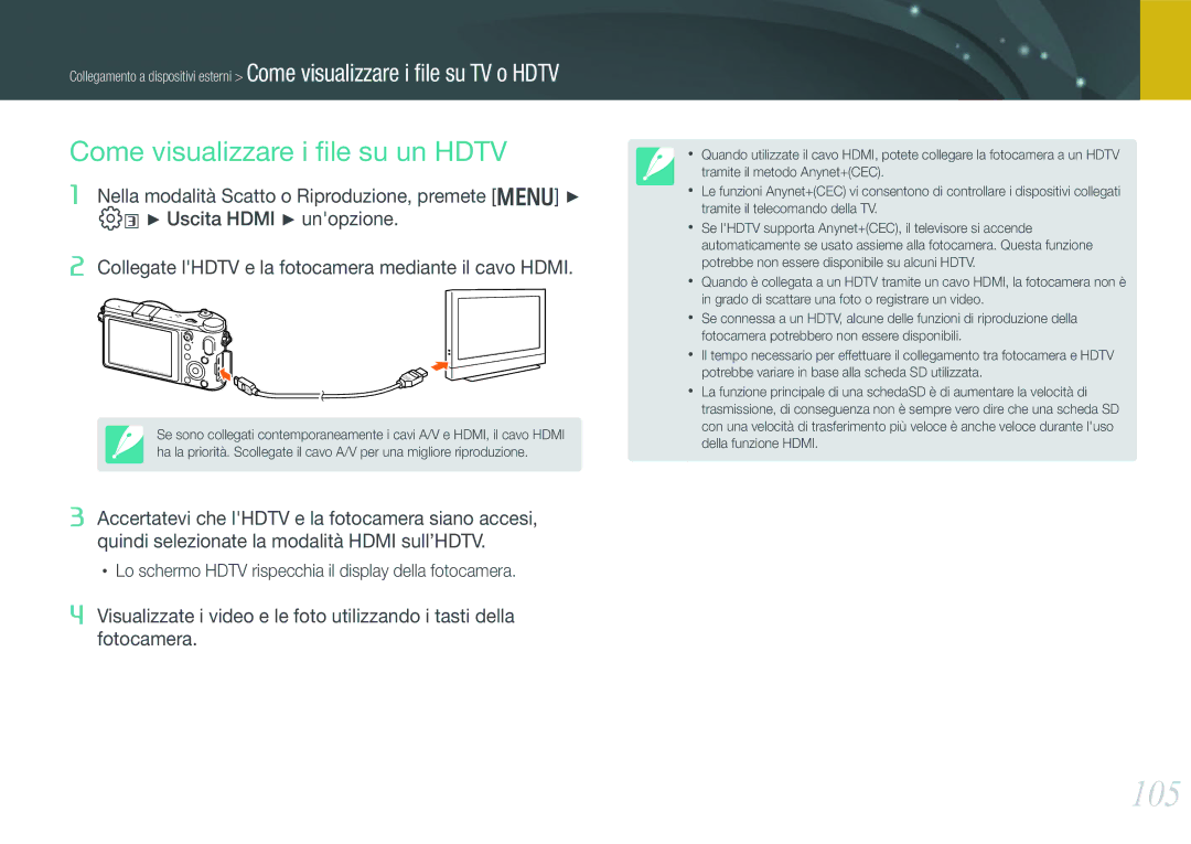 Samsung EV-NX200ZBSBIT, EV-NX200ZBABIT manual 105, Come visualizzare i ﬁle su un Hdtv 