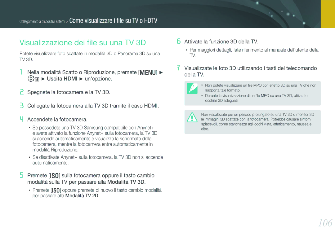 Samsung EV-NX200ZBABIT, EV-NX200ZBSBIT manual 106, Visualizzazione dei ﬁle su una TV 3D 