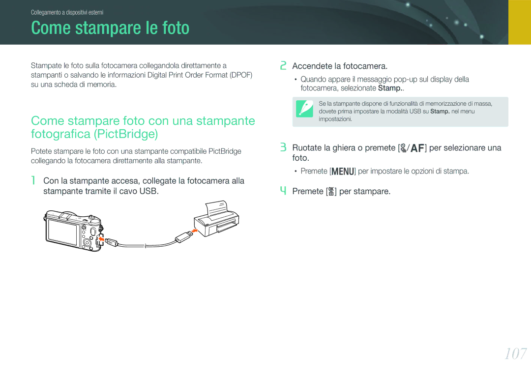 Samsung EV-NX200ZBSBIT manual Come stampare le foto, 107, Come stampare foto con una stampante fotograﬁca PictBridge 