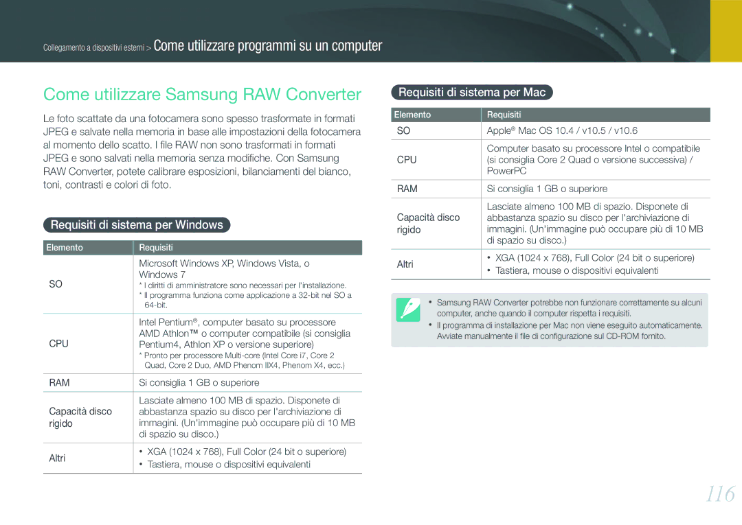 Samsung EV-NX200ZBABIT, EV-NX200ZBSBIT manual 116, Come utilizzare Samsung RAW Converter, Requisiti di sistema per Windows 