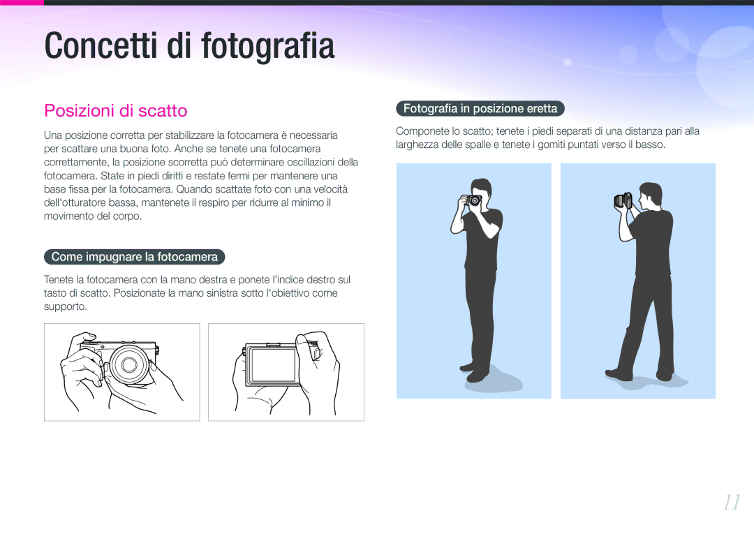 Samsung EV-NX200ZBSBIT, EV-NX200ZBABIT manual Come impugnare la fotocamera, Fotograﬁa in posizione eretta 